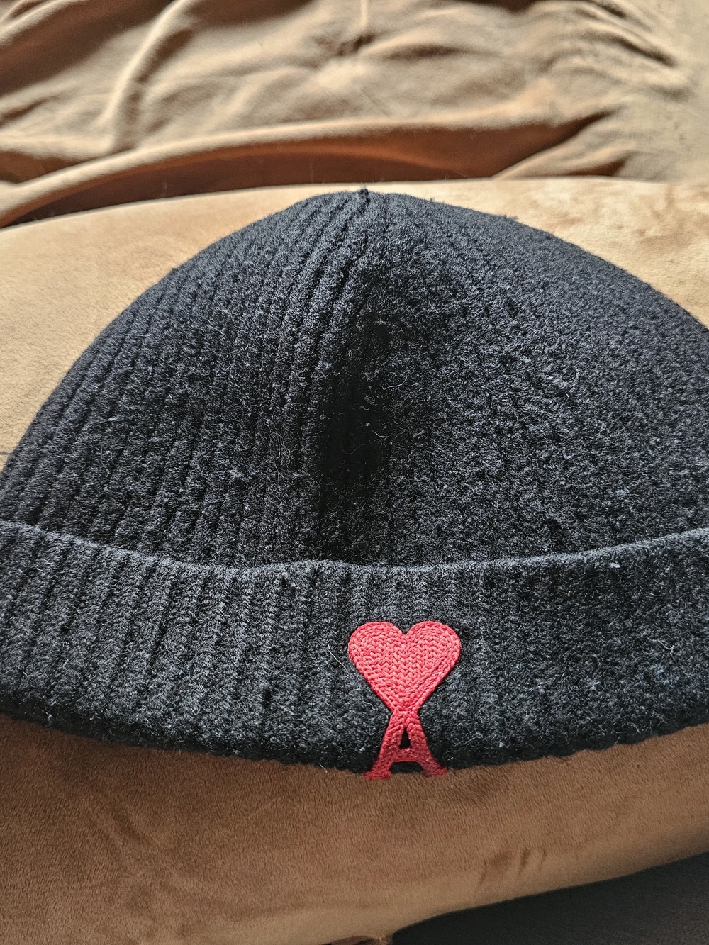 Ami Kids Black Knit Hat with Red Heart 'A' Accent